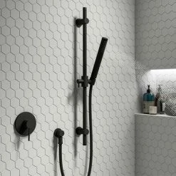 Arezzo Matt Black Round Shower Valve Inc. Slide Rail Kit With Pencil Handset