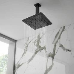 Arezzo Matt Black 200 X 200mm Thin Square Shower Head + Ceiling Mounted Arm