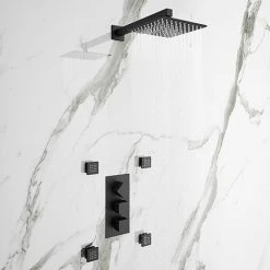 Arezzo Matt Black Square Concealed Triple Shower Valve With Fixed Head + 4 Body Jets