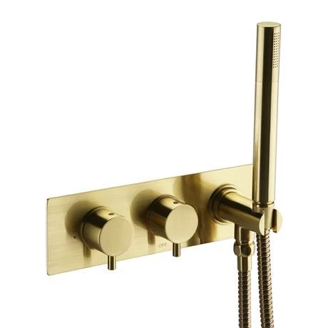Arezzo Brushed Brass Round Concealed Thermostatic Shower Valve w. Handset + Freeflow Bath Filler Arezzo Brushed Brass Round Concealed Thermostatic Shower Valve W. Handset + Freeflow Bath Filler -Arezzo shop AZSVHBBF n d1 460