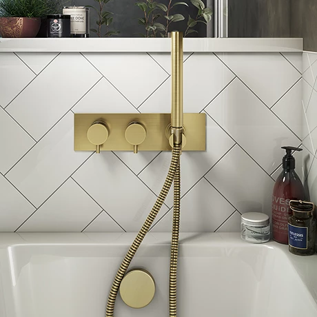 Arezzo Brushed Brass Round Concealed Thermostatic Shower Valve w. Handset + Freeflow Bath Filler Arezzo Brushed Brass Round Concealed Thermostatic Shower Valve W. Handset + Freeflow Bath Filler -Arezzo shop AZSVHBBF n p