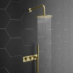 Arezzo Brushed Brass Round Shower System (Fixed Head, Handset + Integrated Parking Bracket)