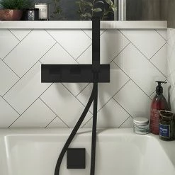 Arezzo Matt Black Square Concealed Thermostatic Shower Valve W. Handset + Freeflow Bath Filler