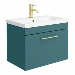 Arezzo Wall Hung Vanity Unit - Matt Green - 600mm 1-Drawer With Brushed Brass Handle