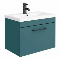 Arezzo Wall Hung Vanity Unit - Matt Green - 600mm 1-Drawer With Matt Black Handle