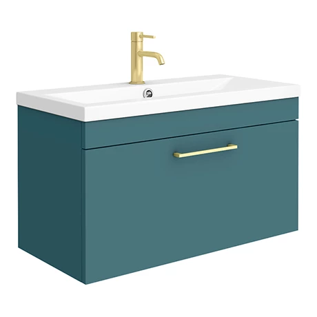 Arezzo Wall Hung Vanity Unit - Matt Green - 800mm with Brushed Brass Handle Arezzo Wall Hung Vanity Unit - Matt Green - 800mm With Brushed Brass Handle -Arezzo shop AZTG8WHVBB p