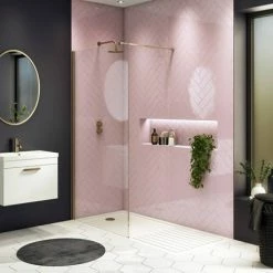 Arezzo 1950mm Brushed Brass Profile Wetroom Screen + Square Support Arm -Arezzo shop BBWS n d2 460