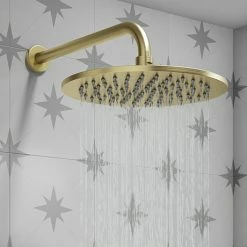 Arezzo Round 300mm Brushed Brass Fixed Shower Head + Wall Mounted Arm