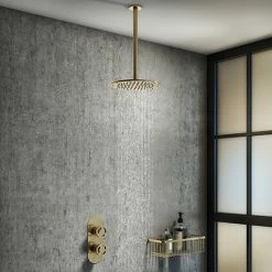 Arezzo Brushed Brass Industrial Style Shower System With Concealed Valve + Ceiling Mounted Head
