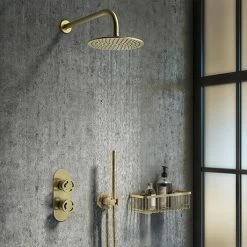 Arezzo Brushed Brass Industrial Style Shower System With Concealed Valve, Head + Handset