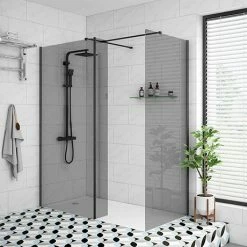 Arezzo 1900mm Grey Tinted Glass Wetroom Screen Inc. Matt Black Profile + Support Arm