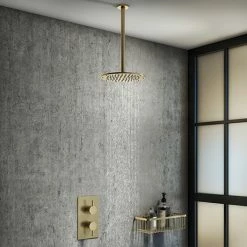 Arezzo Brushed Brass Round Shower Package With Concealed Valve + Ceiling Mounted Head