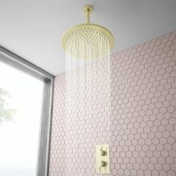 Arezzo Brushed Brass Twin Concealed Shower Valve Inc. 300mm Head + 200mm Ceiling Mounted Arm