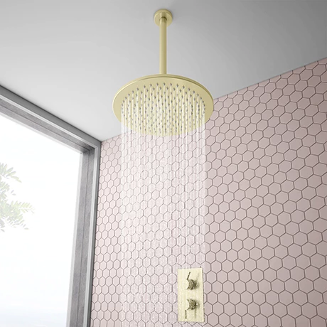 Arezzo Brushed Brass Twin Concealed Shower Valve inc. 300mm Head + Ceiling Mounted Arm Arezzo Brushed Brass Twin Concealed Shower Valve Inc. 300mm Head + Ceiling Mounted Arm -Arezzo shop RD3BBPKCM p