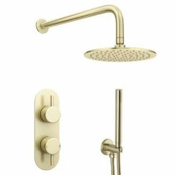 Arezzo Brushed Brass Round Thermostatic Shower Pack With Head + Handset (Oval Backplate) -Arezzo shop RD4BBPKR d4 460