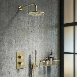 Arezzo Brushed Brass Round Thermostatic Shower Pack With Head + Handset
