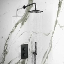 Arezzo Matt Black Round Thermostatic Shower Pack With Head + Handset