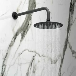 Arezzo Round 200mm Matt Black Fixed Shower Head + Wall Mounted Arm