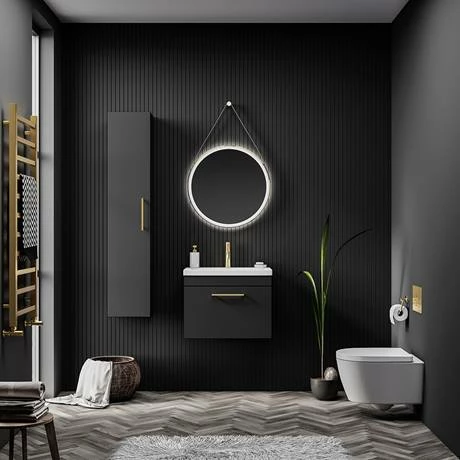 Arezzo 600 Matt Black Wall Hung 1-Drawer Vanity Unit with Brushed Brass Handle Arezzo 600 Matt Black Wall Hung 1-Drawer Vanity Unit With Brushed Brass Handle -Arezzo shop Soft Black Lifestyle 02 460